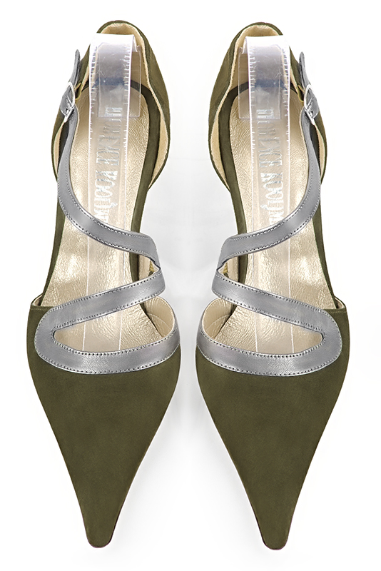 Khaki green and dove grey women's open side shoes, with snake-shaped straps. Pointed toe. High slim heel. Top view - Florence KOOIJMAN